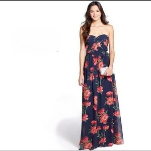 NWT, ERIN by Erin Fetherston, Rose Print Chiffon Strapless Gown,Navy/Red, Size 6